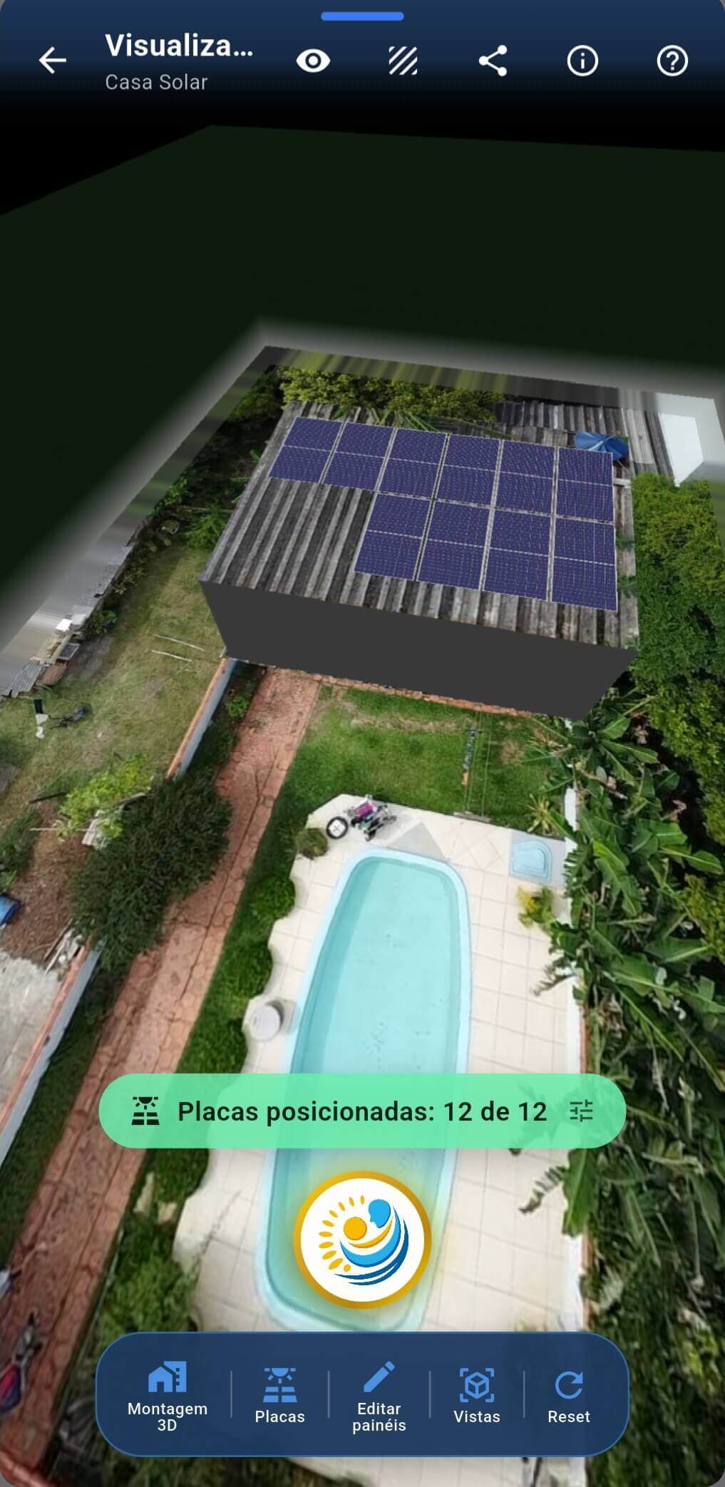 Visualização 3D de telhado com módulos fotovoltaicos no Android