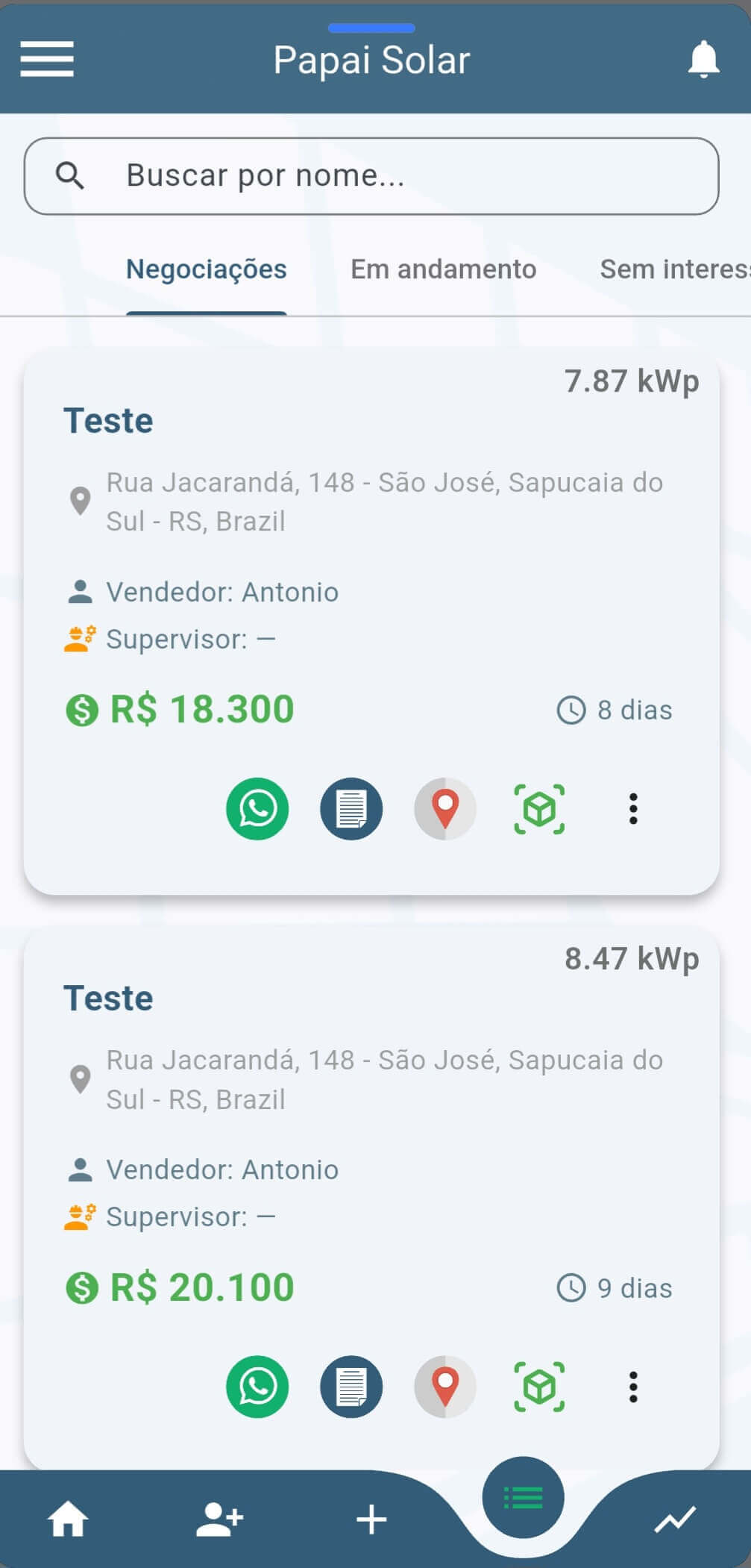 Lista de propostas solares no app Android