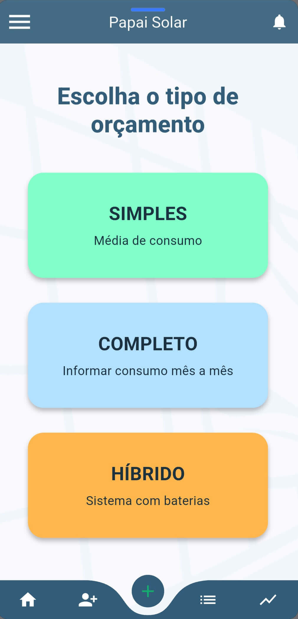 Escolha de tipo de orçamento solar no app Android