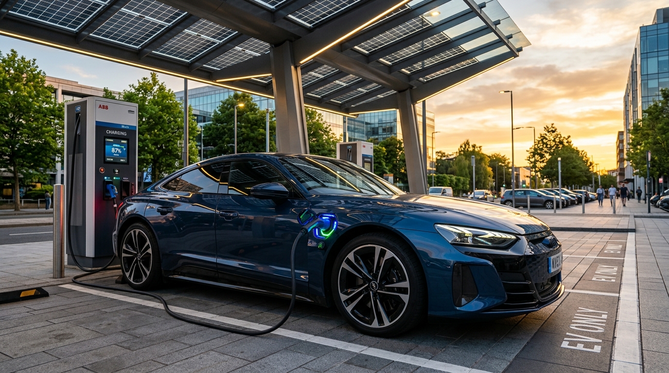 Eletroposto Solinx operando à noite, com iluminação LED e recarga ativa