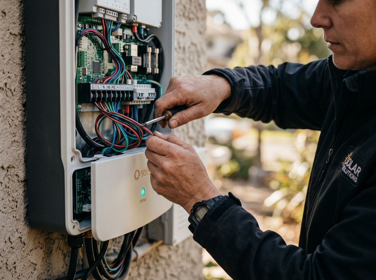 Técnico instalando com cuidado a fiação de um inversor solar
