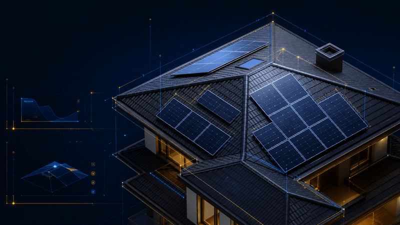 Visual 3D de telhado com paineis solares